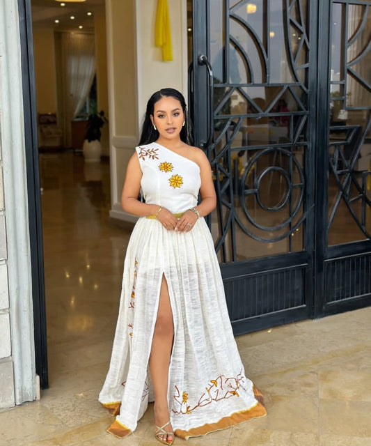 Elegant Habesha Dress with Gold Embroidery – One-Shoulder Ethiopian Dress