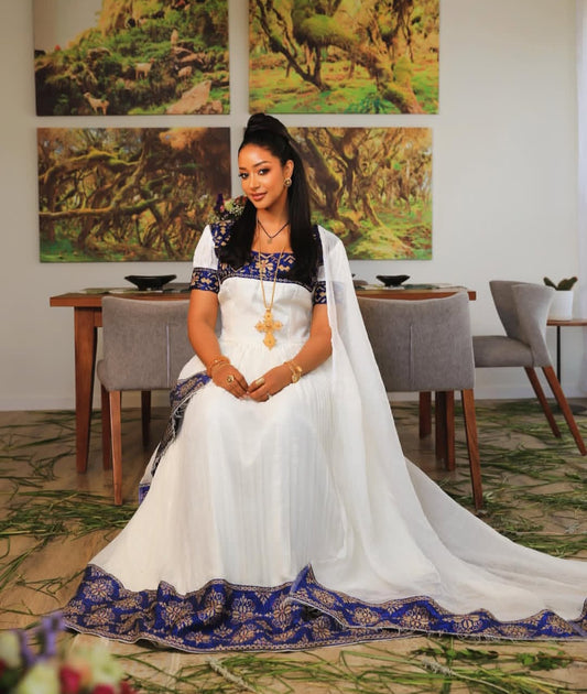 Elegant Ethiopian Dress with Blue Tibeb – Cultural Habesha Dress for Shimglina & Events