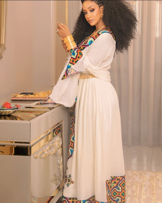 Vibrant Habesha Dress with Colorful Tibeb – Ethiopian Traditional Dress