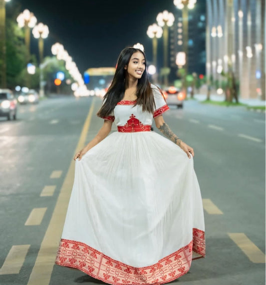 Vibrant Habesha Dress with Red Tibeb – Modern Ethiopian Traditional Dress