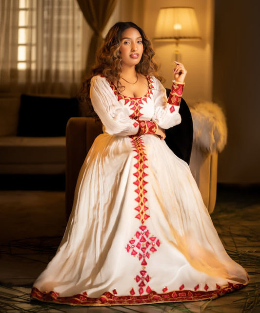 Elegant White Habesha Dress with Red Tibeb – Ethiopian Dress