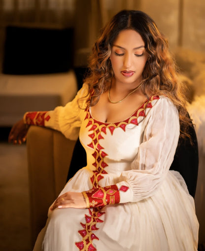 Elegant White Habesha Dress with Red Tibeb – Ethiopian Dress