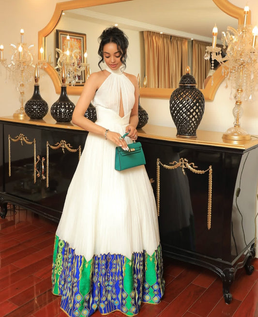 Colorful Habesha Dress with Blue Tibeb – Handmade Ethiopian Dress for Celebrations