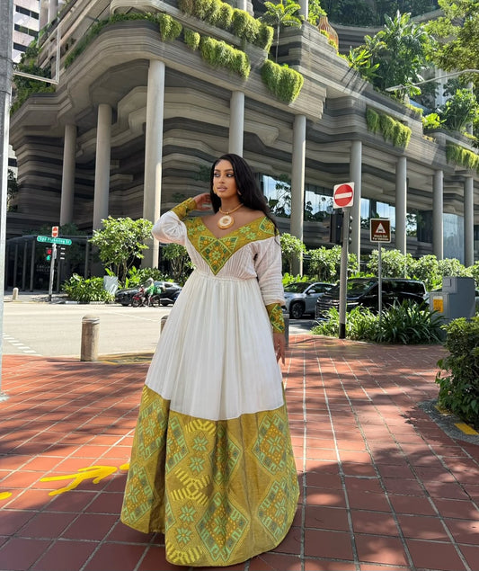 Modern Habesha Dress with Green Tibeb – Unique Ethiopian Kemis