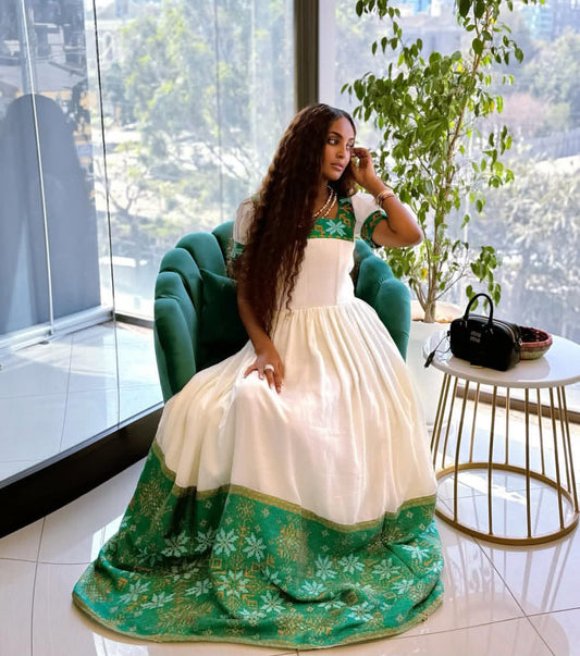 Classic Habesha Dress – Ethiopian Kemis with Green Tibeb and Puff Sleeves