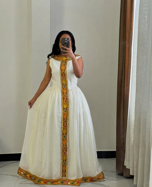 Rustic Gold Habesha Kemis – Ethiopian Traditional Dress with Unique Design