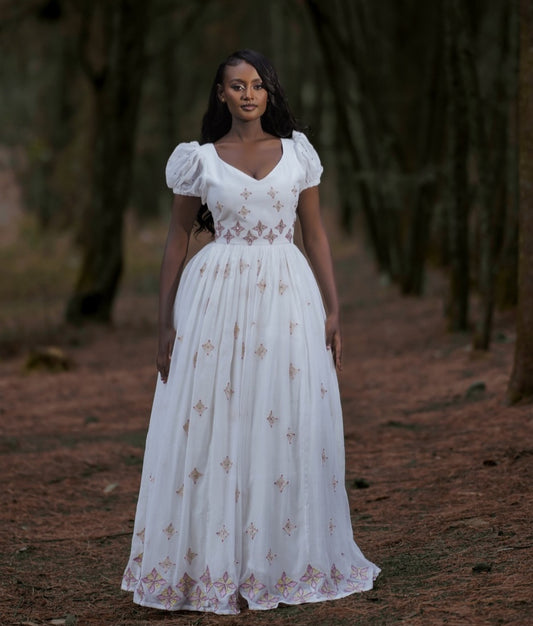 Delicate Habesha Dress with Gold Embroidery – Ethiopian Traditional Dress