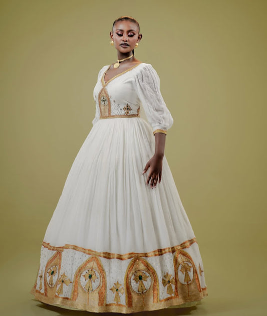 Regal White Habesha Dress with Gold Cross Embroidery – Ethiopian Kemis