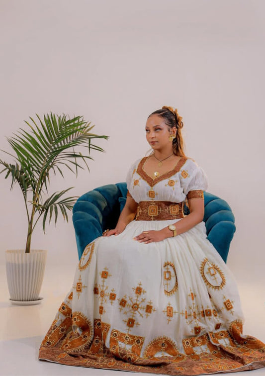 Regal White Habesha Dress with Gold Cross Embroidery – Ethiopian Kemis