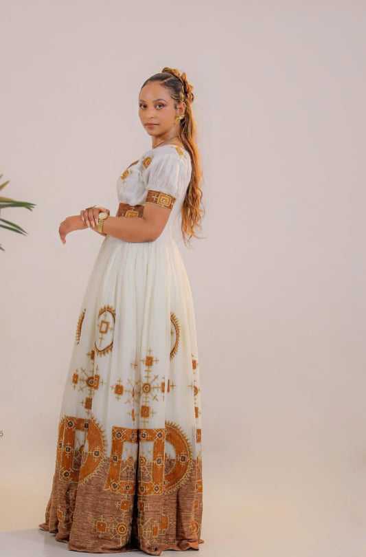 Regal White Habesha Dress with Gold Cross Embroidery – Ethiopian Kemis