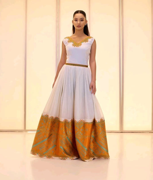 Modern Habesha Dress with Gold Tibeb – Ethiopian Traditional Kemis