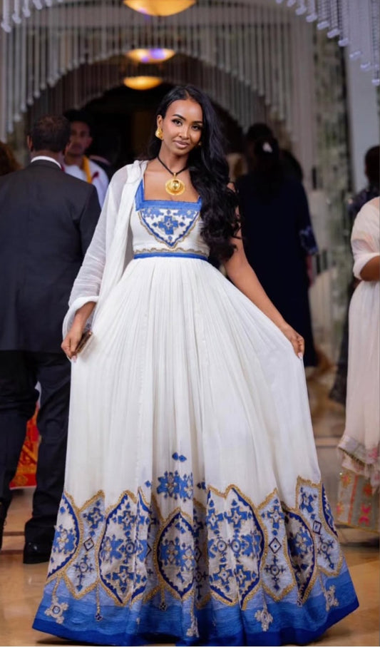 White Habesha Kemis with Blue Tibeb – Modern Ethiopian Dress