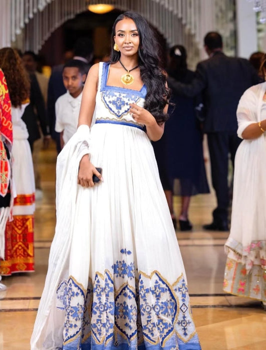 White Habesha Kemis with Blue Tibeb – Modern Ethiopian Dress
