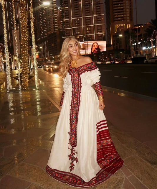 Regal Ethiopian Wedding Dress with Red Tibeb – Elegant Habesha Dress