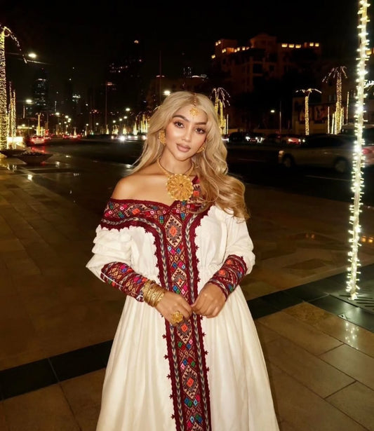 Regal Ethiopian Wedding Dress with Red Tibeb – Elegant Habesha Dress
