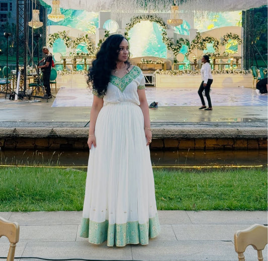 Classic White Habesha Kemis with Green Tibeb – Ethiopian Traditional Dress