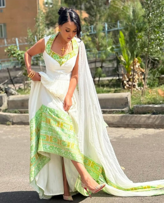 Graceful Wedding Dress with Green Tibeb & Shawl – Ethiopian Habesha Dress