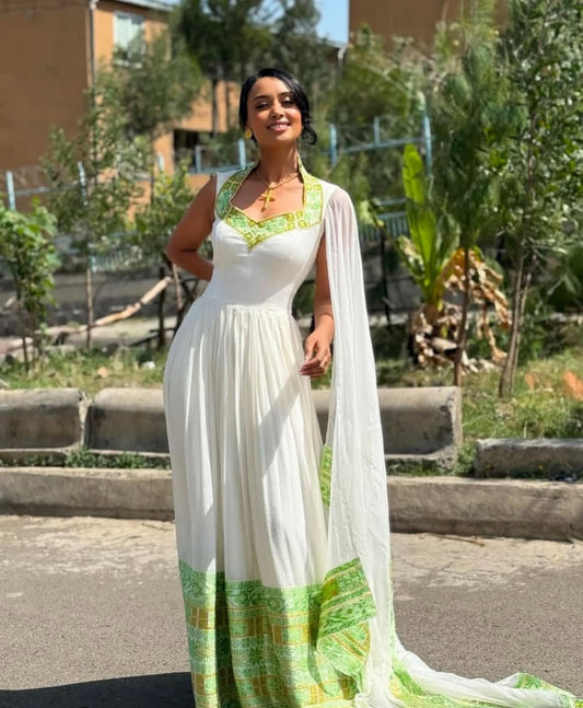Graceful Wedding Dress with Green Tibeb & Shawl – Ethiopian Habesha Dress