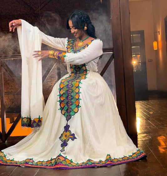 Colorful Habesha Dress with Green Tibeb – Elegant Ethiopian Traditional Dress