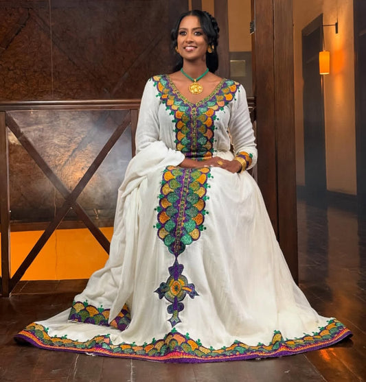 Colorful Habesha Dress with Green Tibeb – Elegant Ethiopian Traditional Dress