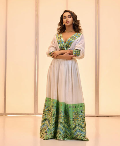 Modern Habesha Kemis with Green Tibeb – Stylish Ethiopian Dress for Events