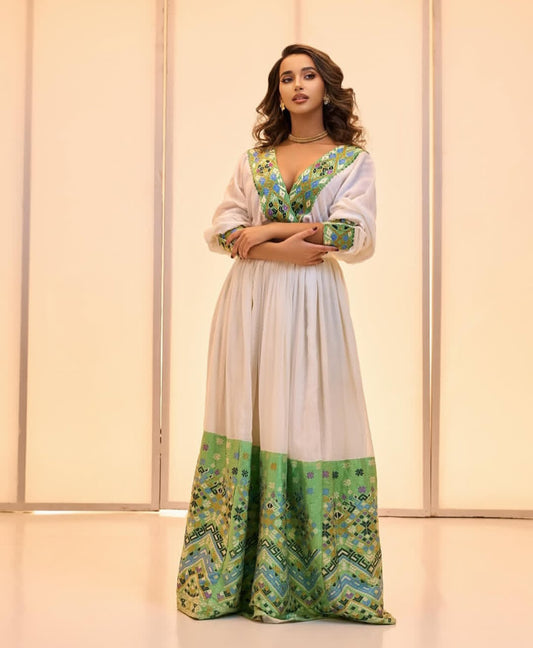 Modern Habesha Kemis with Green Tibeb – Stylish Ethiopian Dress for Events