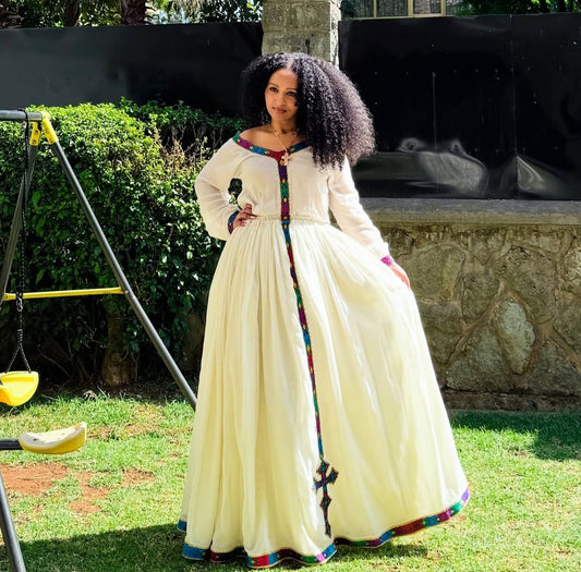 simple Habesha Dress with colorful Tibeb – Handmade Ethiopian Traditional Dress