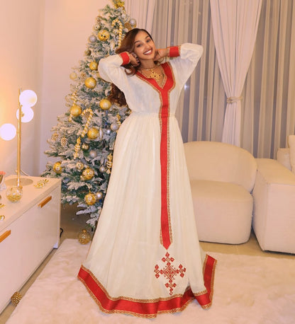 Elegant Habesha Dress with Red Tibeb – Handwoven Ethiopian Traditional Dress