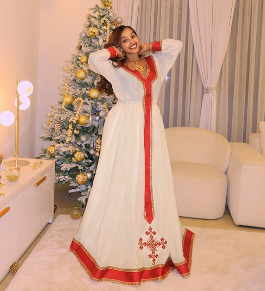 Elegant Habesha Dress with Red Tibeb – Handwoven Ethiopian Traditional Dress