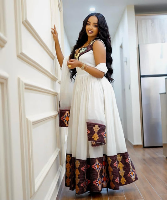 Modern Sleeveless Habesha Dress with Geometric Tibeb – Ethiopian Summer Style