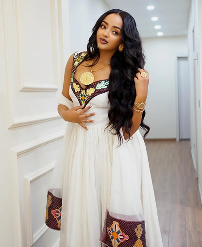Modern Sleeveless Habesha Dress with Geometric Tibeb – Ethiopian Summer Style