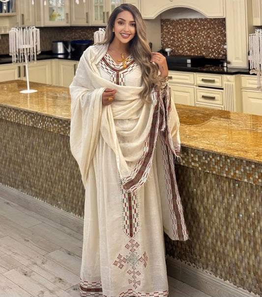 Traditional Habesha Dress with Beige Tibeb & Shawl – Ethiopian Cultural Attire