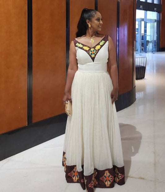 Traditional Habesha Kemis with Brown Tibeb – Elegant Ethiopian Dress