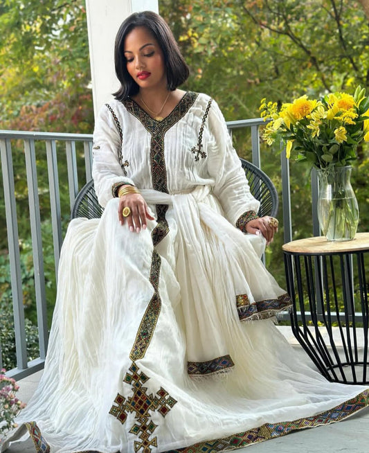 Habesha Dress dark tibeb and cross motifs – Ethiopian Traditional Dress for Women