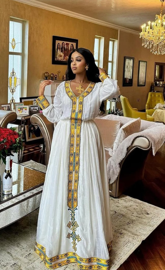 White Habesha Kemis with gold Cross Tibeb – Ethiopian Cultural Dress