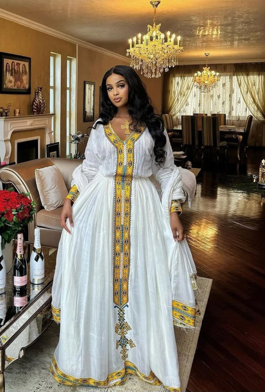 White Habesha Kemis with gold Cross Tibeb – Ethiopian Cultural Dress