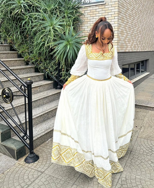 Elegant Ethiopian Dress with Gold Geometric Tibeb – Classic Habesha Kemis Style