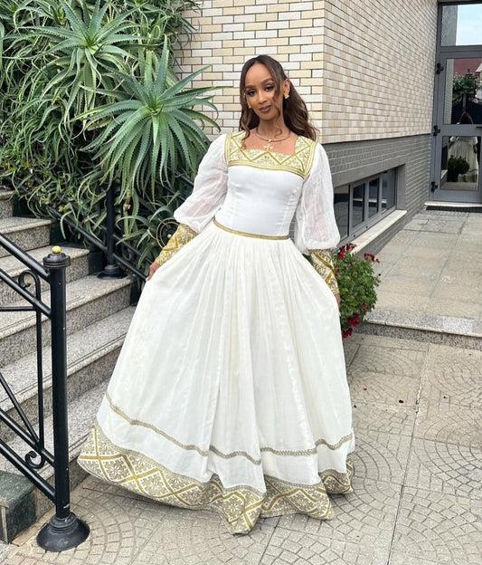 Elegant Ethiopian Dress with Gold Geometric Tibeb – Classic Habesha Kemis Style