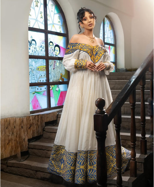 Elegant Habesha Dress – Off-Shoulder Ethiopian Kemis with Blue Tibeb