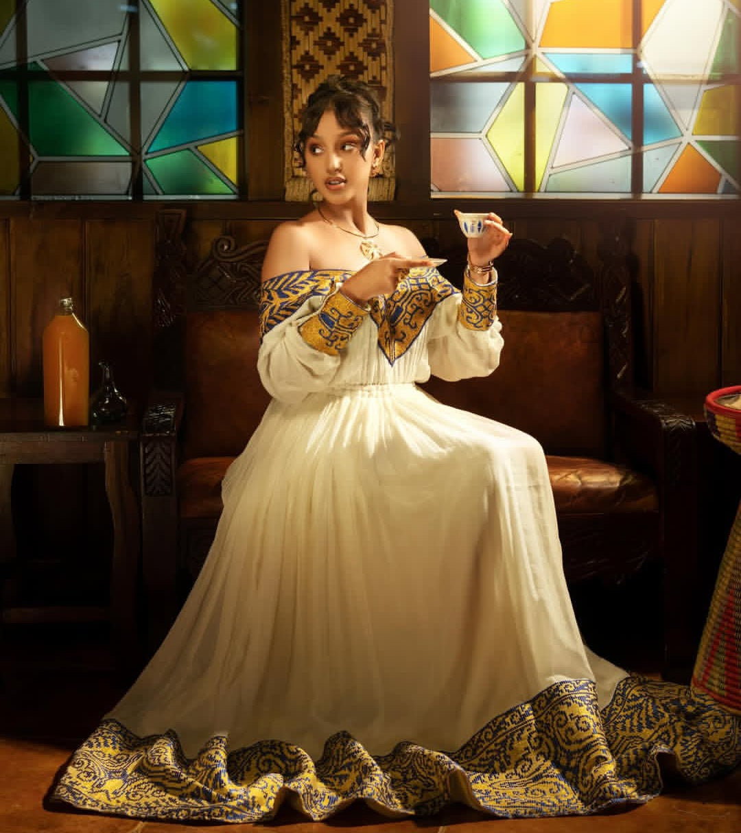 Elegant Habesha Dress – Off-Shoulder Ethiopian Kemis with Blue Tibeb