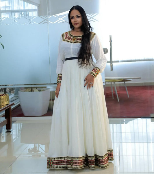 Vibrant Ethiopian Traditional Dress – Habesha Kemis with Multi-Color Tibeb & Round Neckline