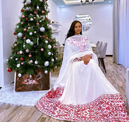 Classic Ethiopian Dress – White Habesha Kemis with Rich Red Tibeb Embroidery