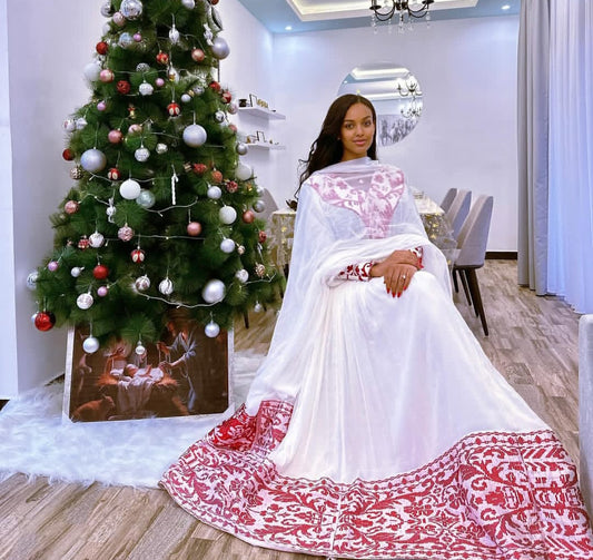 Classic Ethiopian Dress – White Habesha Kemis with Rich Red Tibeb Embroidery