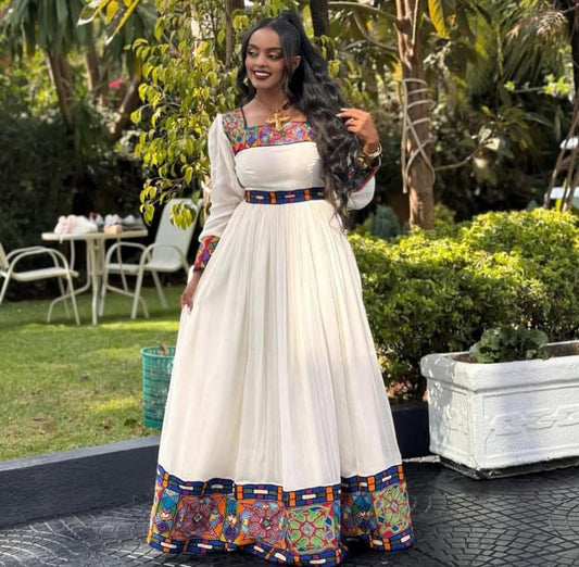 Colorful Habesha Dress – Ethiopian Kemis with Square Neckline Blue Tibeb Accents