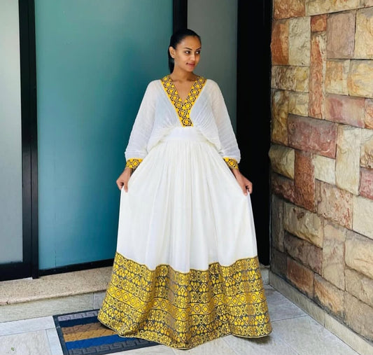 Classic Habesha Kemis with Yellow Tibeb – Timeless Ethiopian Traditional Dress