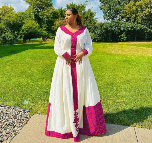 Festive Habesha Kemis – White Ethiopian Dress with Rich purple Tibeb & Square Details
