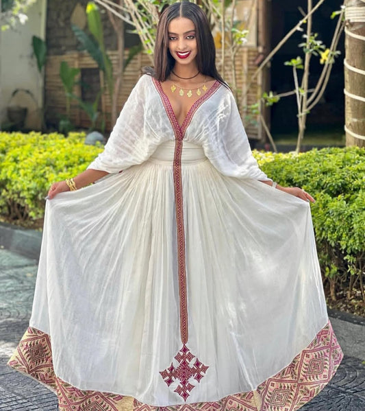 Authentic Habesha Dress – Deep V-Neck Ethiopian Traditional Dress with purple Tibeb