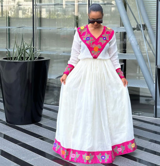 Bright Habesha Dress with Pink Tibeb – Lively Ethiopian Attire