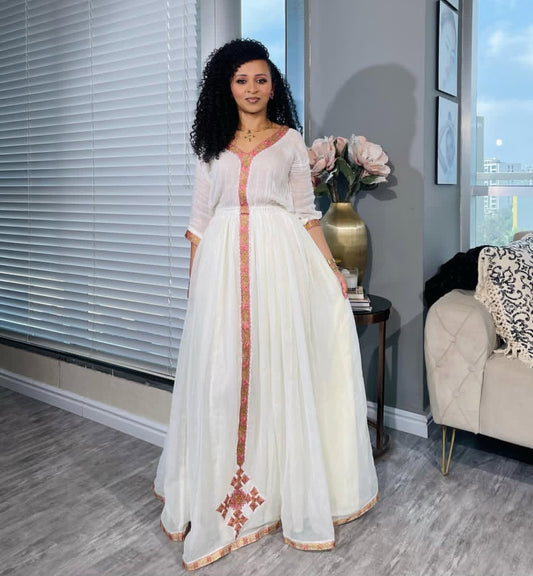 Graceful Ethiopian Dress with Rose Gold Tibeb – Modern Habesha Kemis