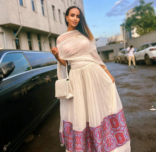 Classic Habesha Dress with puple Tibeb – Authentic Ethiopian Kemis